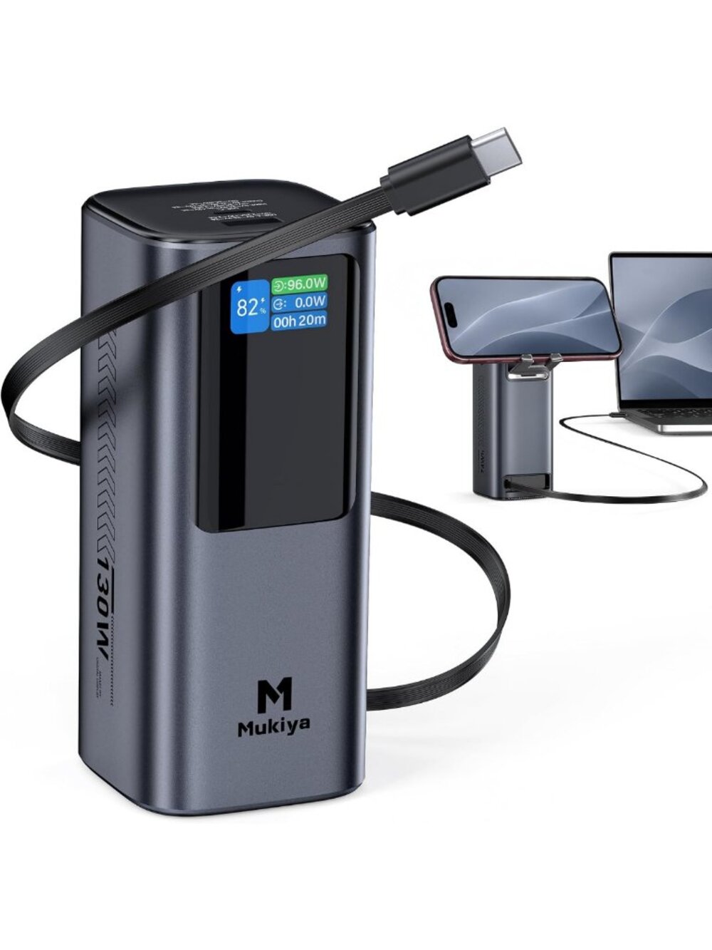 High-Capacity 20,000mAh Laptop Power Bank with 130W Retractable USB-C Cable